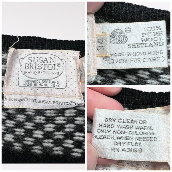 Vintage 80s Susan Bristol Shetland Wool Nordic Sweater Black White Small - Picture 3 of 10
